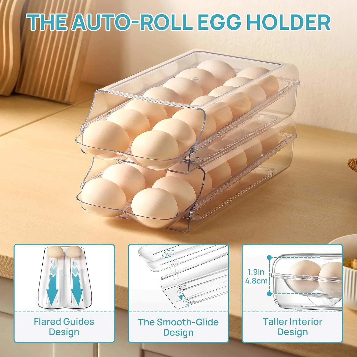 Vtopmart 2 Pack Egg Holder for Fridge, Automatic Rolling Egg Container - Image 6