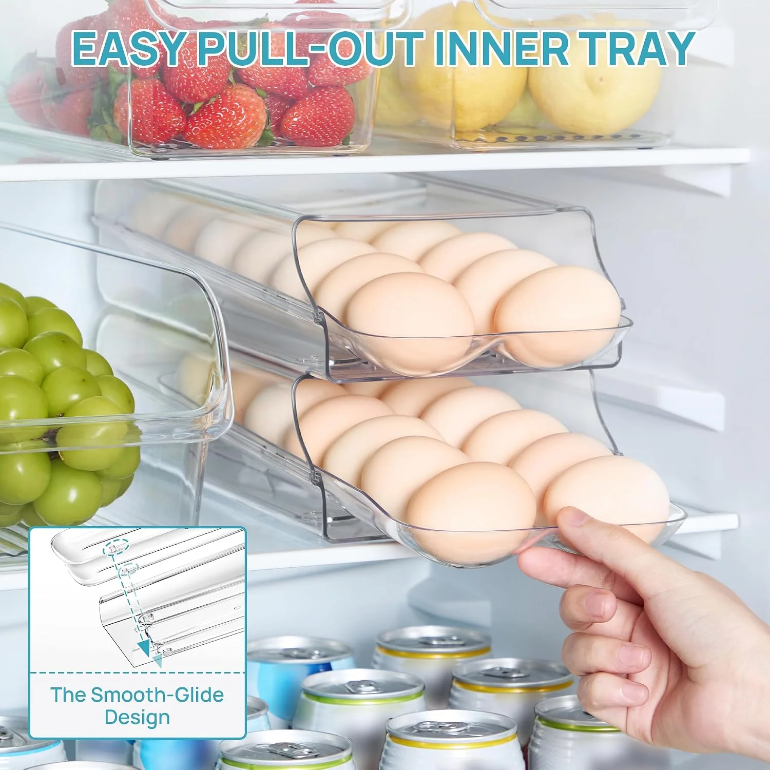 Vtopmart 2 Pack Egg Holder for Fridge, Automatic Rolling Egg Container - Image 4