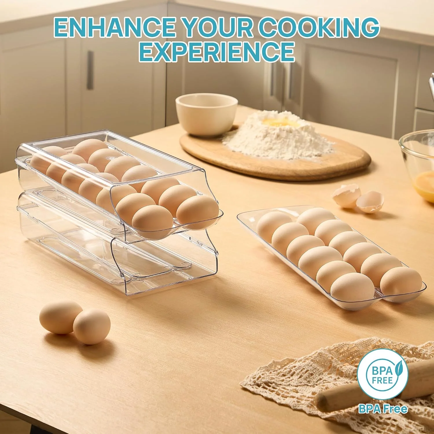 Vtopmart 2 Pack Egg Holder for Fridge, Automatic Rolling Egg Container - Image 2